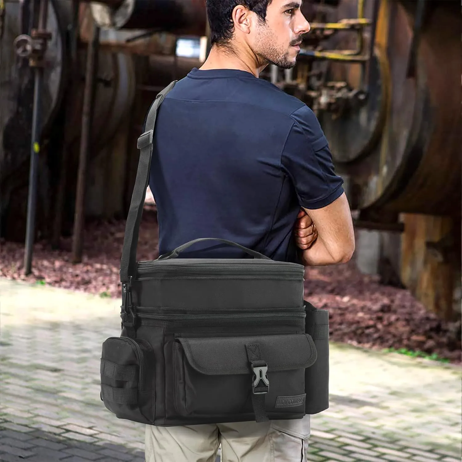 MOV COMPRA Tactical Lunch Bag for Men Expandable Double Deck Insulated Lunch Box Leakproof Large Capacity with MOLLE Water Bottle Pouch for Adults for Work Picnic Camping（Black）