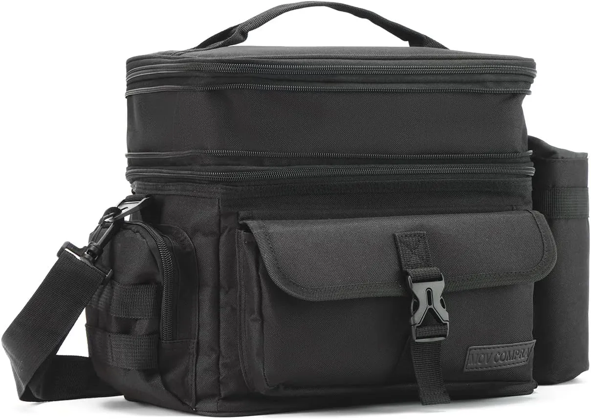 MOV COMPRA Tactical Lunch Bag for Men Expandable Double Deck Insulated Lunch Box Leakproof Large Capacity with MOLLE Water Bottle Pouch for Adults for Work Picnic Camping（Black）