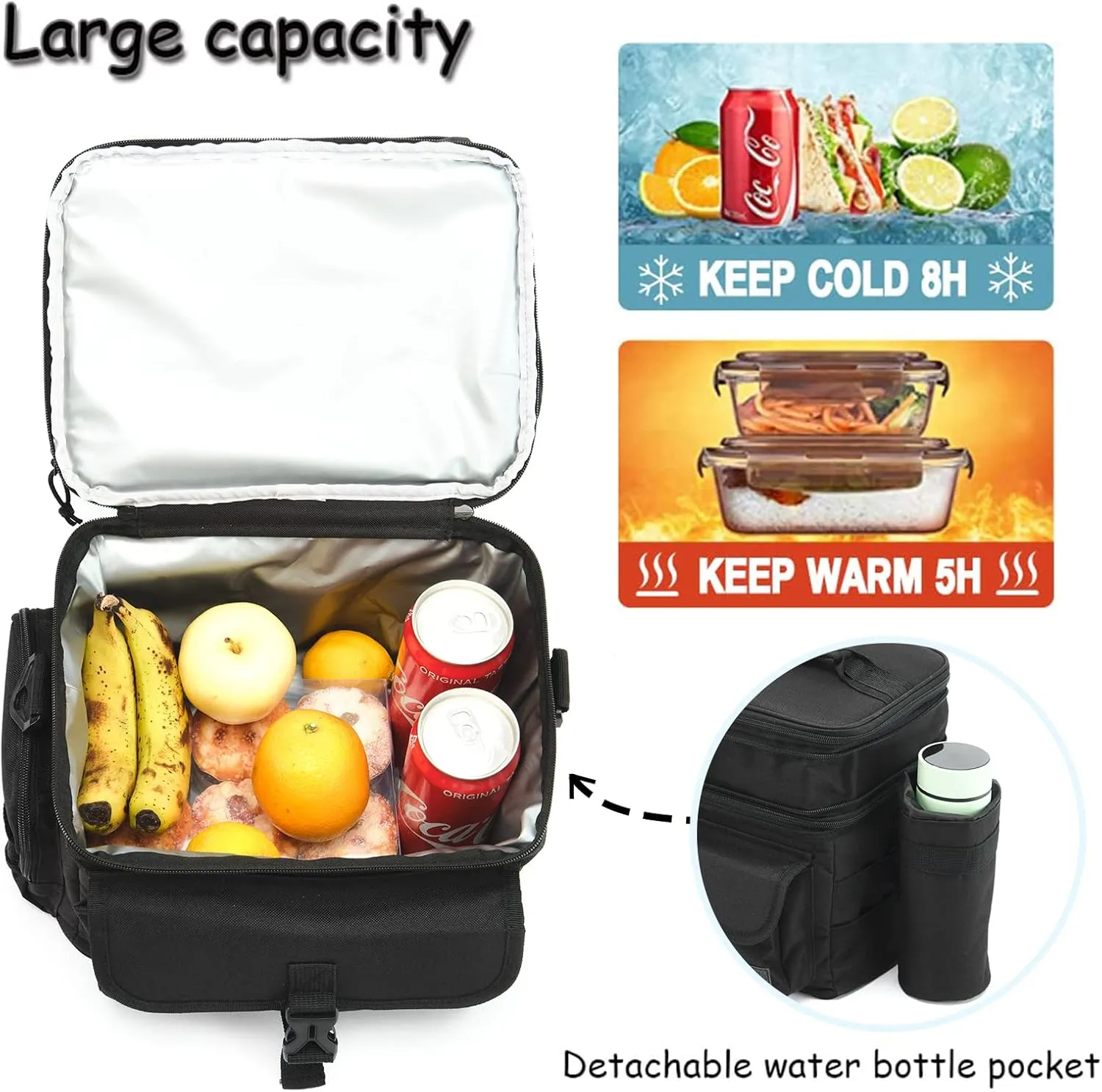 MOV COMPRA Tactical Lunch Bag for Men Expandable Double Deck Insulated Lunch Box Leakproof Large Capacity with MOLLE Water Bottle Pouch for Adults for Work Picnic Camping（Black）