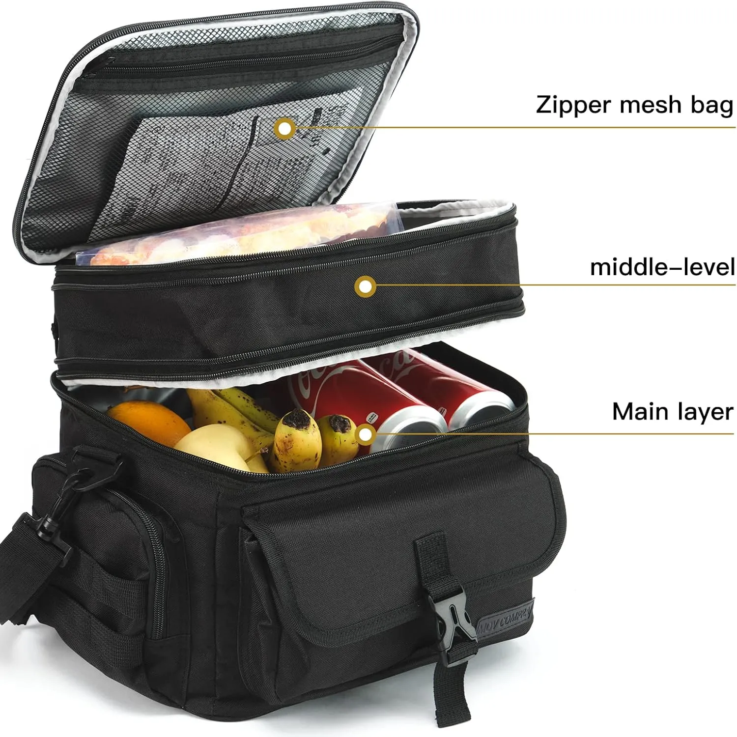 MOV COMPRA Tactical Lunch Bag for Men Expandable Double Deck Insulated Lunch Box Leakproof Large Capacity with MOLLE Water Bottle Pouch for Adults for Work Picnic Camping（Black）