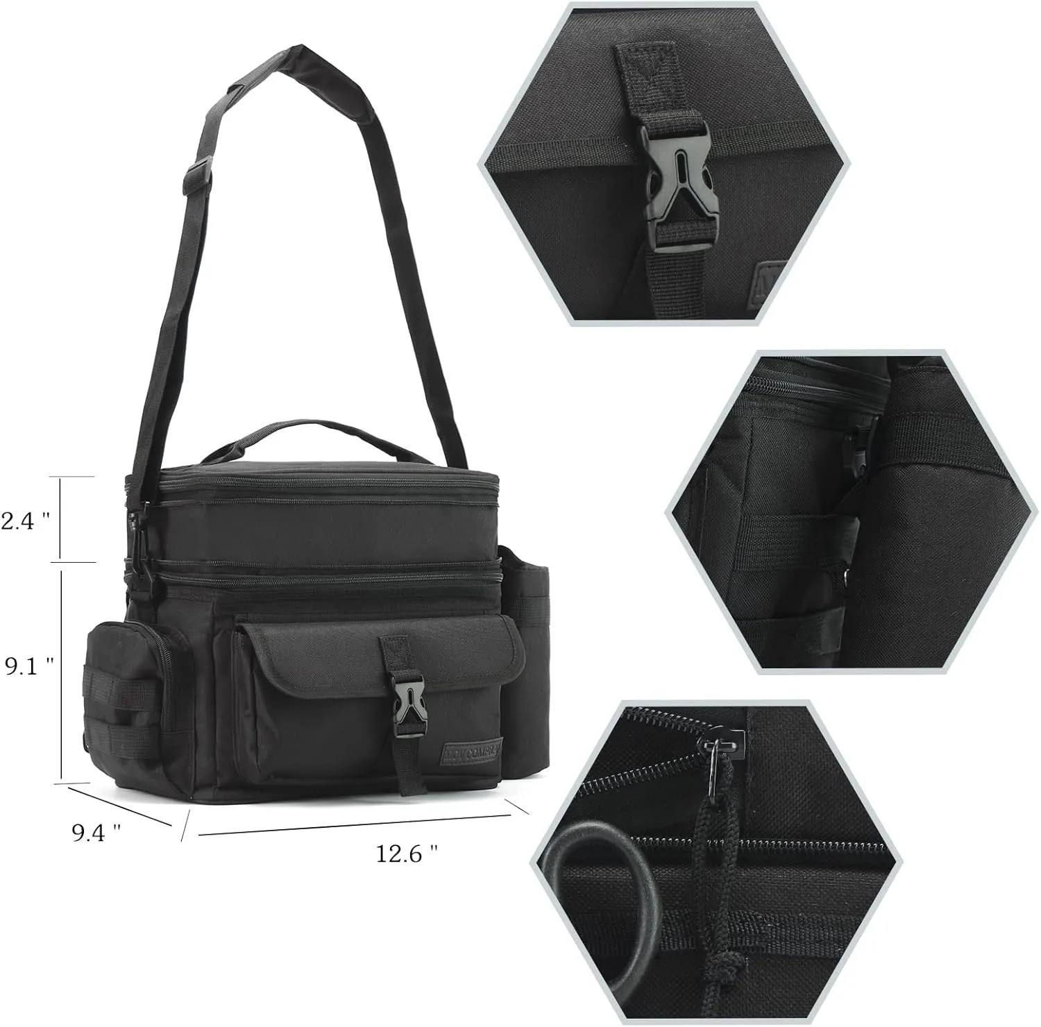 MOV COMPRA Tactical Lunch Bag for Men Expandable Double Deck Insulated Lunch Box Leakproof Large Capacity with MOLLE Water Bottle Pouch for Adults for Work Picnic Camping（Black）