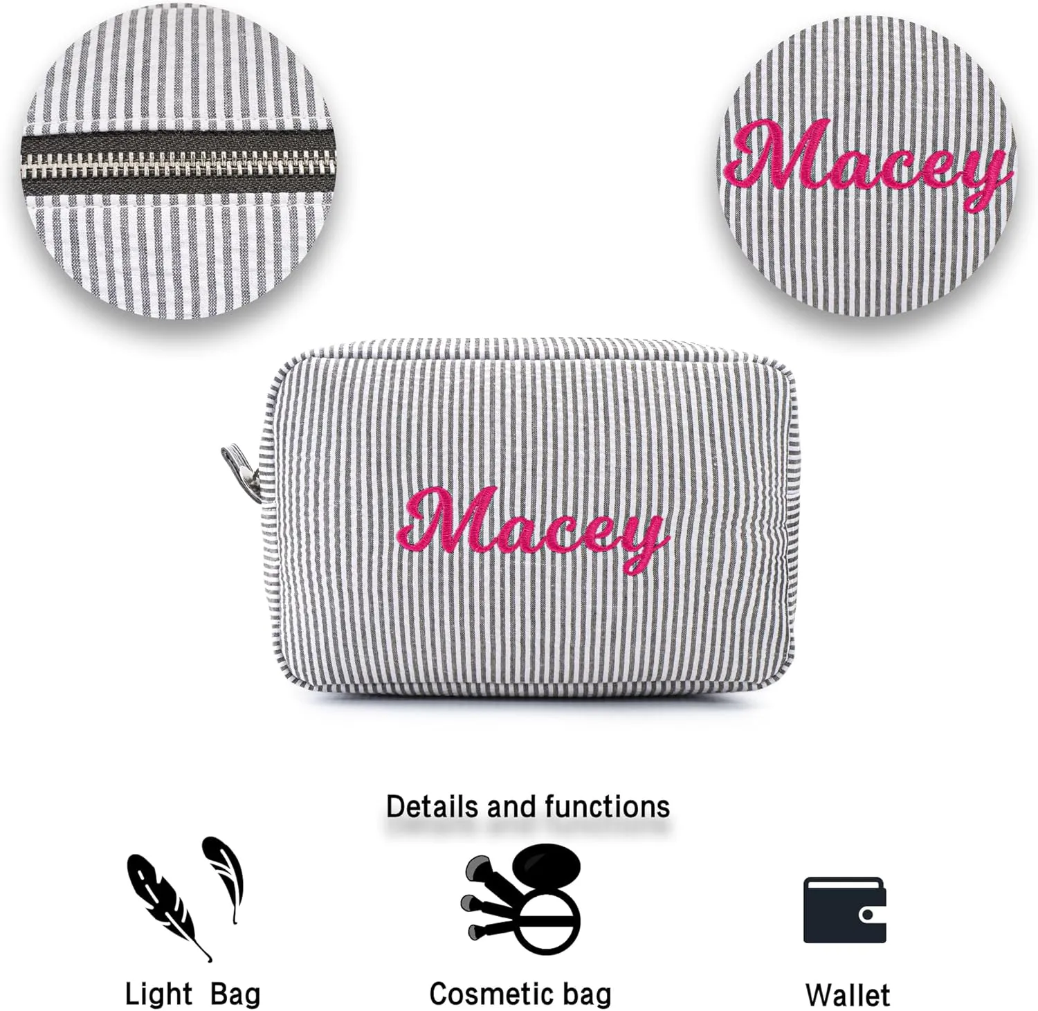 MT WORLD Cosmetic Bag Personalized Makeup Bag for Women Girls Seersucker Preppy Bridesmaid Makeup Bag Cute Aesthetic Toiletry Bag Girls Handbags Purses (Black)