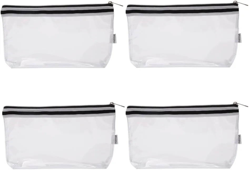 Multi-purpose Waterproof Clear Vinyl Zippered Toiletry Cosmetics Makeup Pouch With French Tape 4-pack