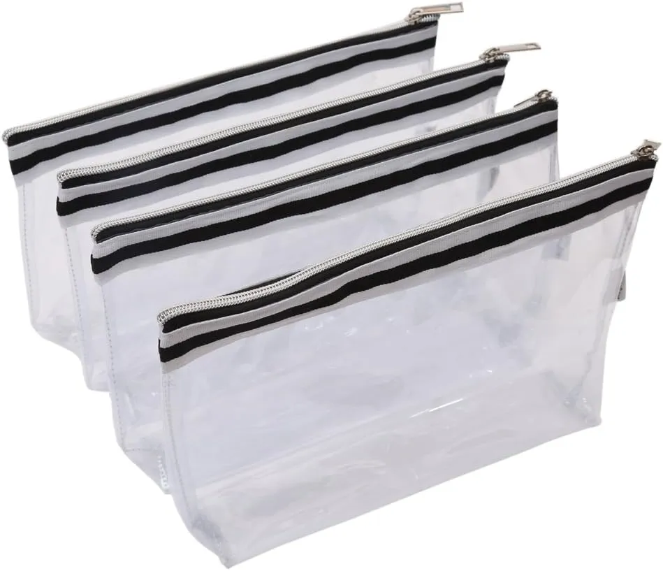 Multi-purpose Waterproof Clear Vinyl Zippered Toiletry Cosmetics Makeup Pouch With French Tape 4-pack