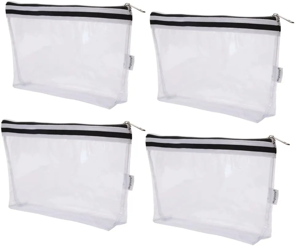 Multi-purpose Waterproof Clear Vinyl Zippered Toiletry Cosmetics Makeup Pouch With French Tape 4-pack