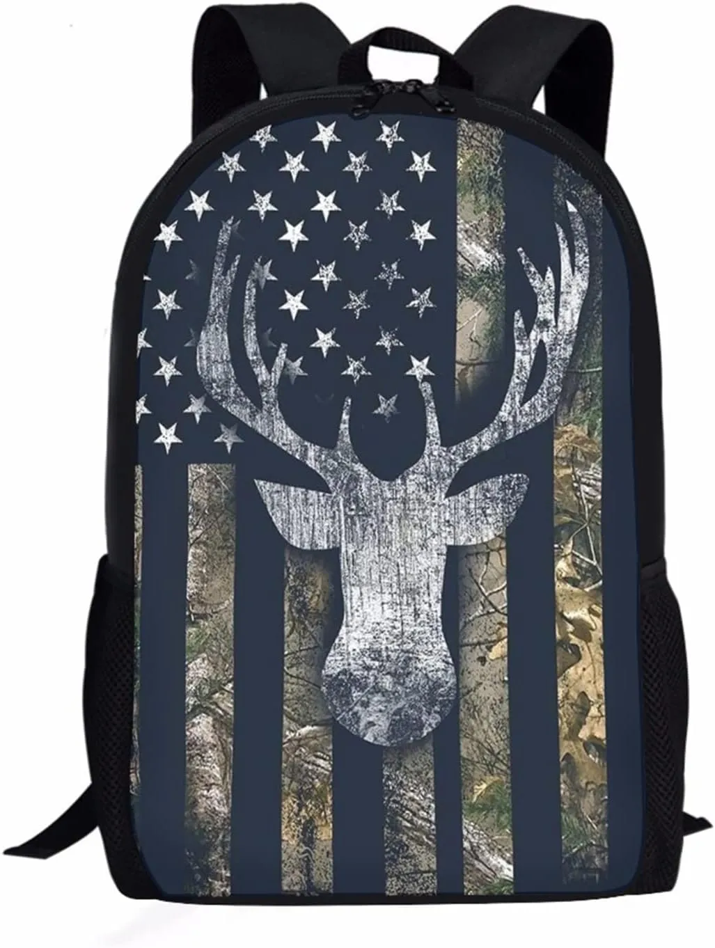 Mumeson Cool Deer and America Flag Print Kids Backpack Schoolbag Soft Cushion Shoulder Straps Rucksack Daypack Durable Zipper Closure Bookbag for Boys Middle School