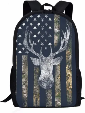 Mumeson Cool Deer and America Flag Print Kids Backpack Schoolbag Soft Cushion Shoulder Straps Rucksack Daypack Durable Zipper Closure Bookbag for Boys Middle School