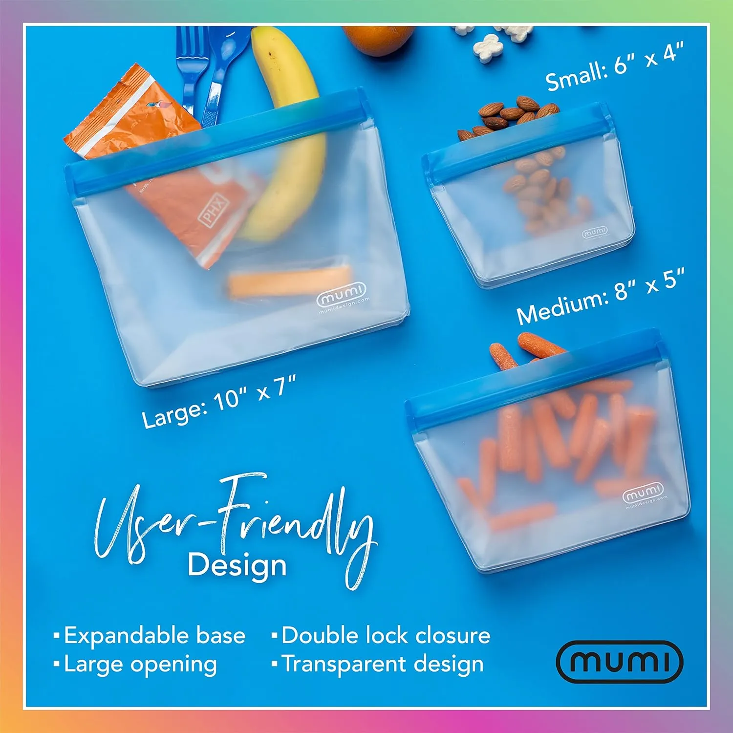 MUMI Reusable Zip Up Bags - Food Storage Bags Travel Organizer - Airtight and Leak-proof Ziplock Bags - Set of 3 Reusable Bags with Zipper - Pink