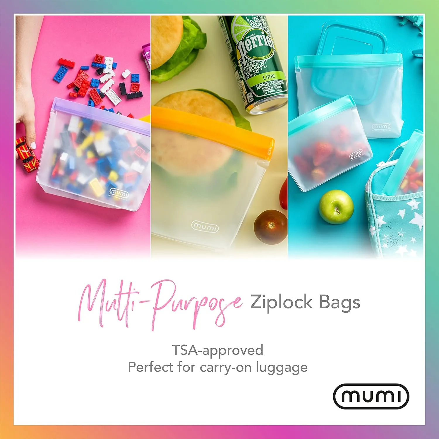 MUMI Reusable Zip Up Bags - Food Storage Bags Travel Organizer - Airtight and Leak-proof Ziplock Bags - Set of 3 Reusable Bags with Zipper - Pink