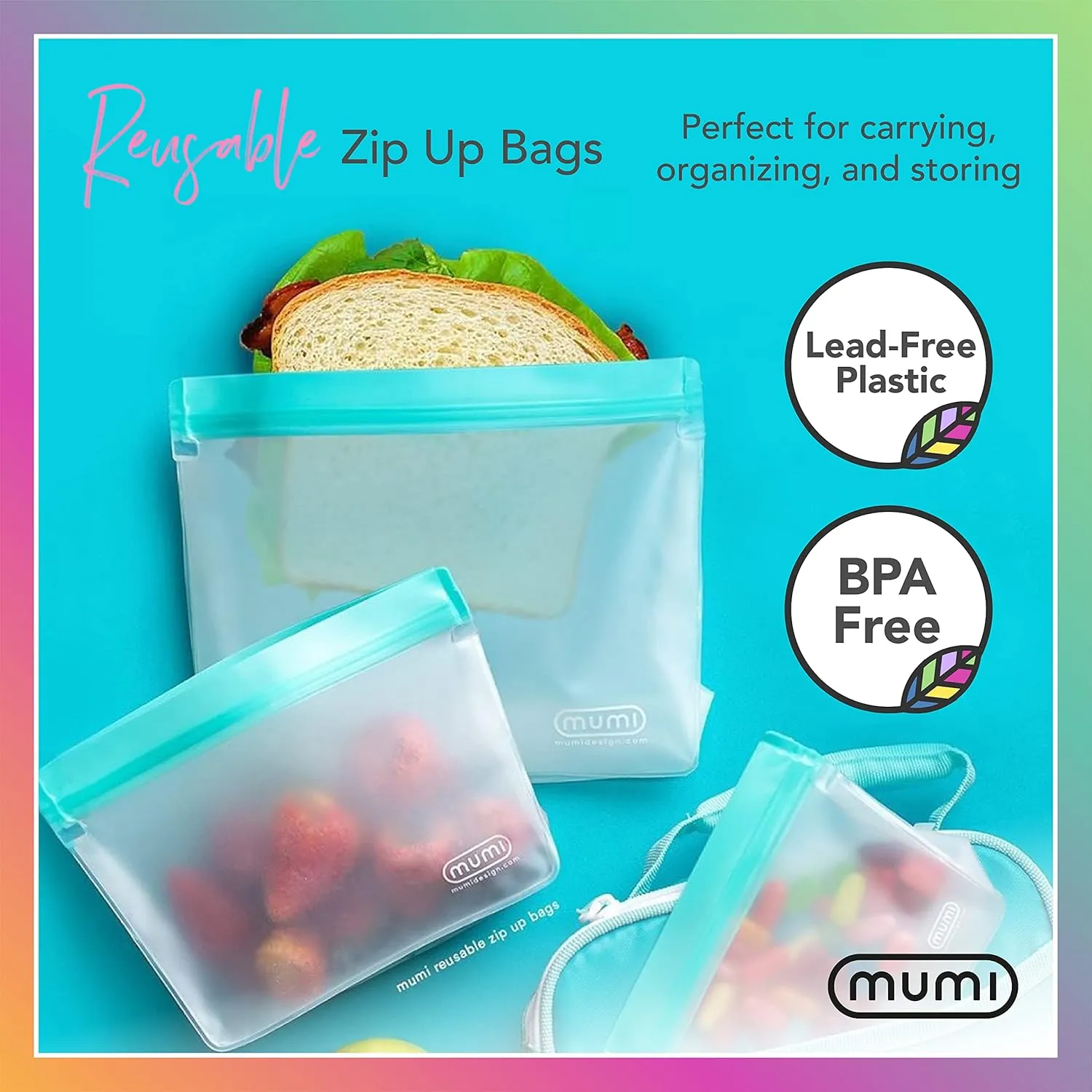 MUMI Reusable Zip Up Bags - Food Storage Bags Travel Organizer - Airtight and Leak-proof Ziplock Bags - Set of 3 Reusable Bags with Zipper - Pink