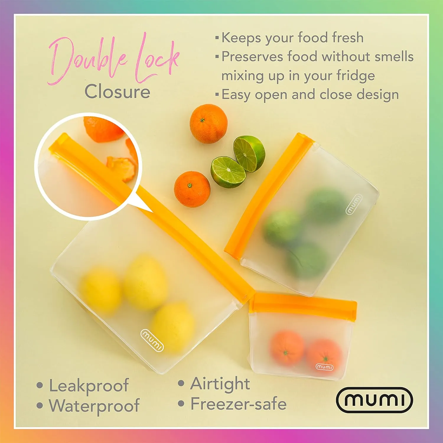 MUMI Reusable Zip Up Bags - Food Storage Bags Travel Organizer - Airtight and Leak-proof Ziplock Bags - Set of 3 Reusable Bags with Zipper - Pink