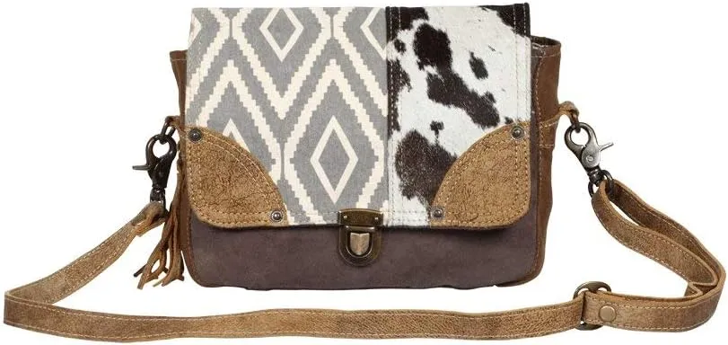 Myra Bag Tracery Design Upcycled Canvas & Cowhide Messenger Bag S-1344