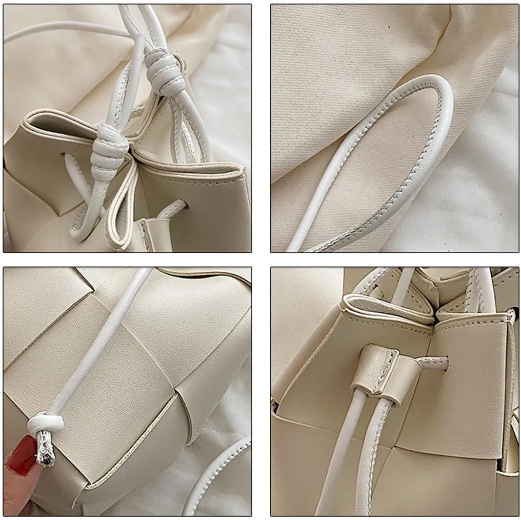 MYSNKU Women's Mini Woven Bucket Bag, Square Lattice Drawstring PU Leather Small Hobo Handbag Crossbody Handbags Soft Adjustable (White)