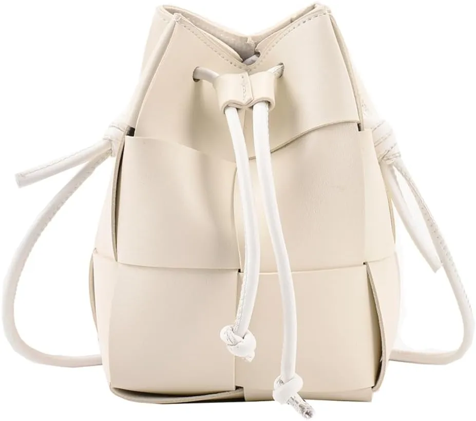 MYSNKU Women's Mini Woven Bucket Bag, Square Lattice Drawstring PU Leather Small Hobo Handbag Crossbody Handbags Soft Adjustable (White)