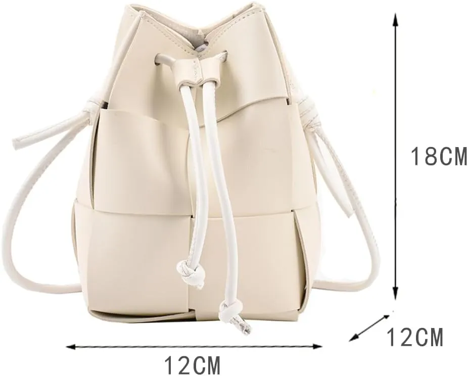 MYSNKU Women's Mini Woven Bucket Bag, Square Lattice Drawstring PU Leather Small Hobo Handbag Crossbody Handbags Soft Adjustable (White)