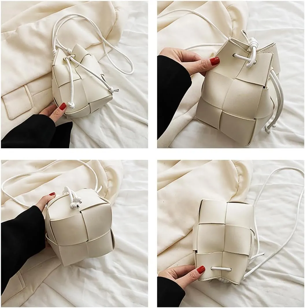 MYSNKU Women's Mini Woven Bucket Bag, Square Lattice Drawstring PU Leather Small Hobo Handbag Crossbody Handbags Soft Adjustable (White)