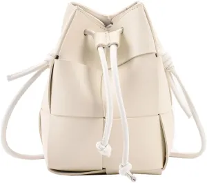 MYSNKU Women's Mini Woven Bucket Bag, Square Lattice Drawstring PU Leather Small Hobo Handbag Crossbody Handbags Soft Adjustable (White)
