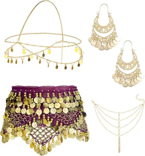 ORAZIO 4 Sets Women's Belly Dance Accessories,Belly Dance Hip Scarf Wrap Belt,Bohemian Gold Coin Drop Earrings Headpiece Small Coins Hair Chain Tassel Anklet Bracelet Gypsy Costume for Women