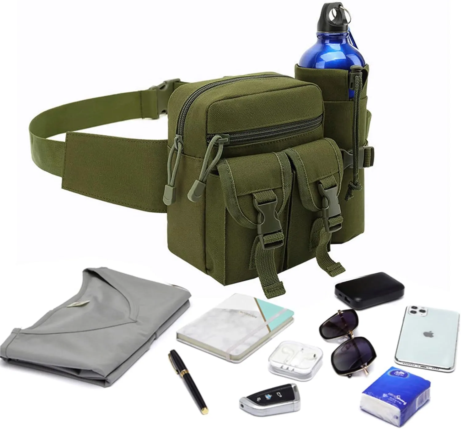 Outdoor Sports Waist Bag Cycling Waist Bag with Bottle Holder Tactic Waist Bag Tactical Fanny Pack for Cycling Running Hiking Fishing Climbing (Green)