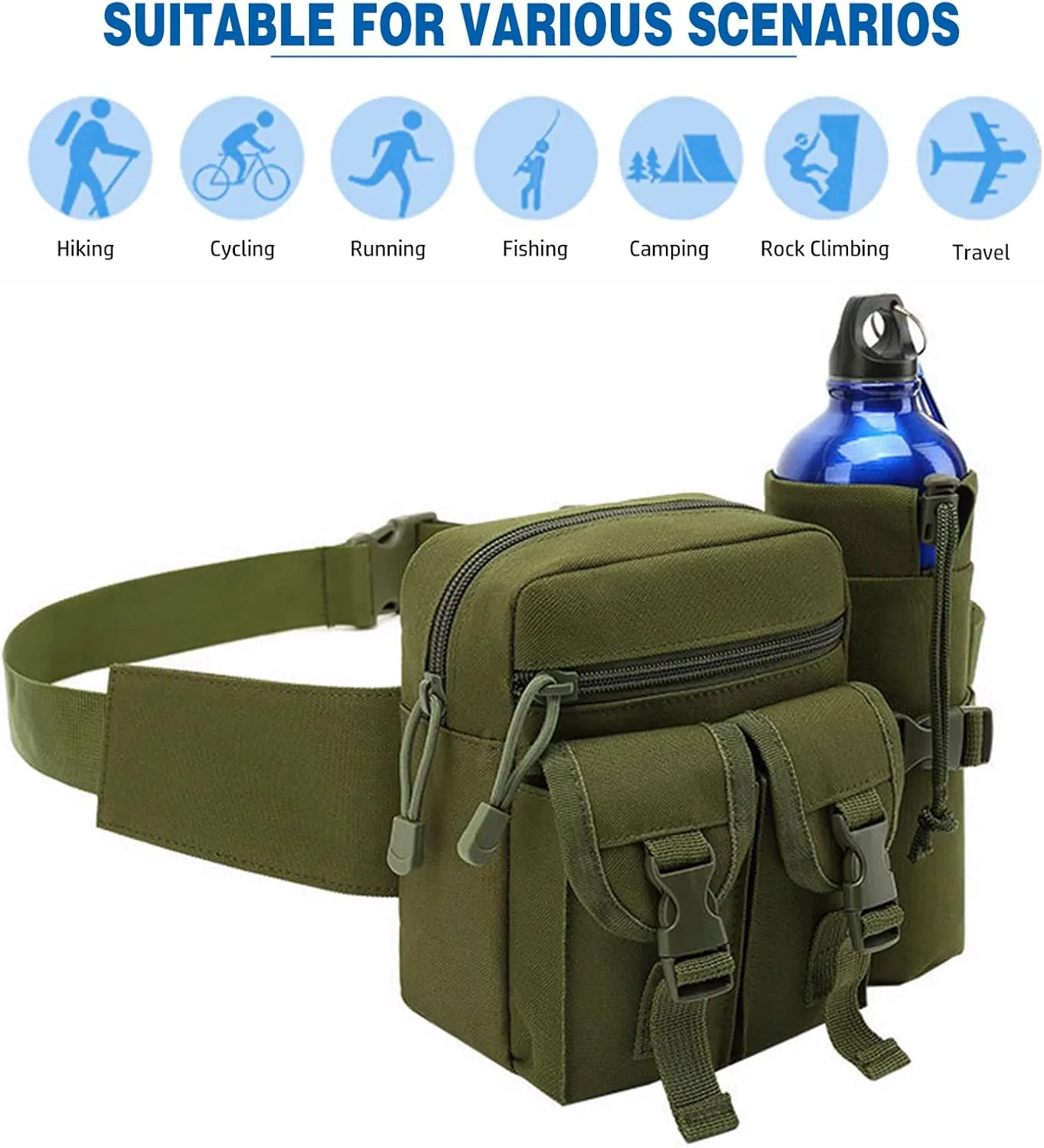 Outdoor Sports Waist Bag Cycling Waist Bag with Bottle Holder Tactic Waist Bag Tactical Fanny Pack for Cycling Running Hiking Fishing Climbing (Green)