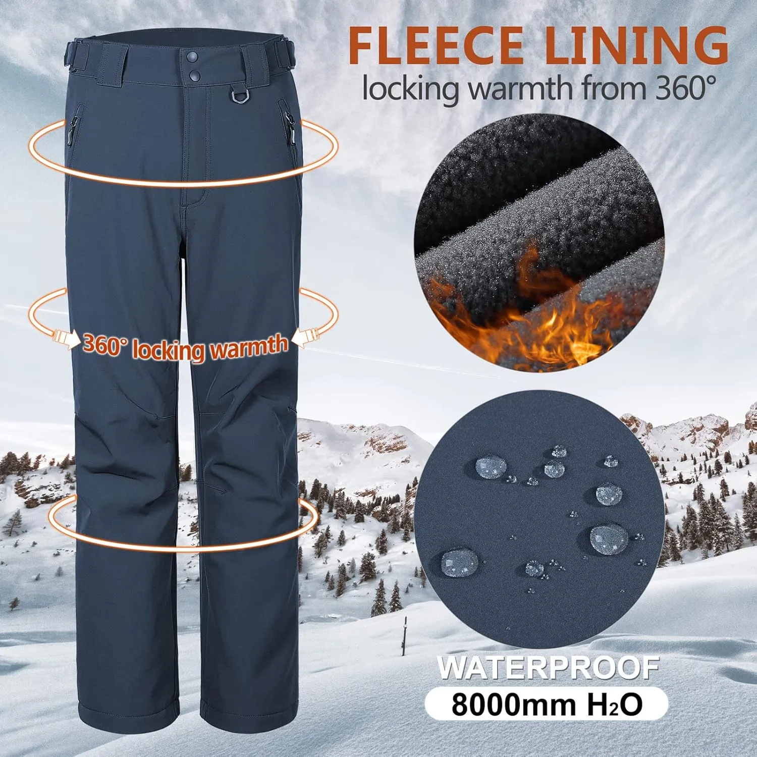 Outdoor Ventures Men's Lite Waterproof Windproof Fleece Lined Warm Hiking Ski Snow Pants Expandable-Waist