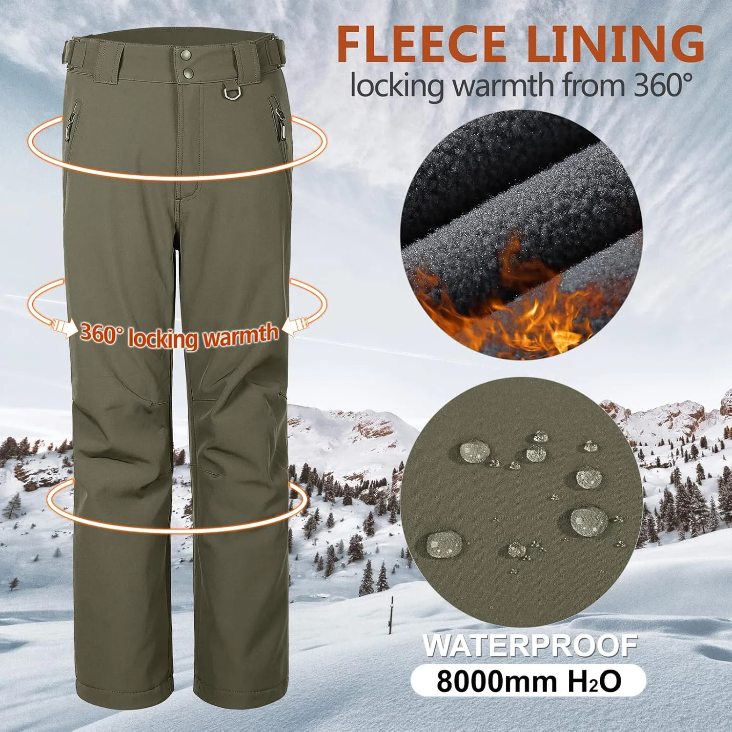 Outdoor Ventures Men's Lite Waterproof Windproof Fleece Lined Warm Hiking Ski Snow Pants Expandable-Waist