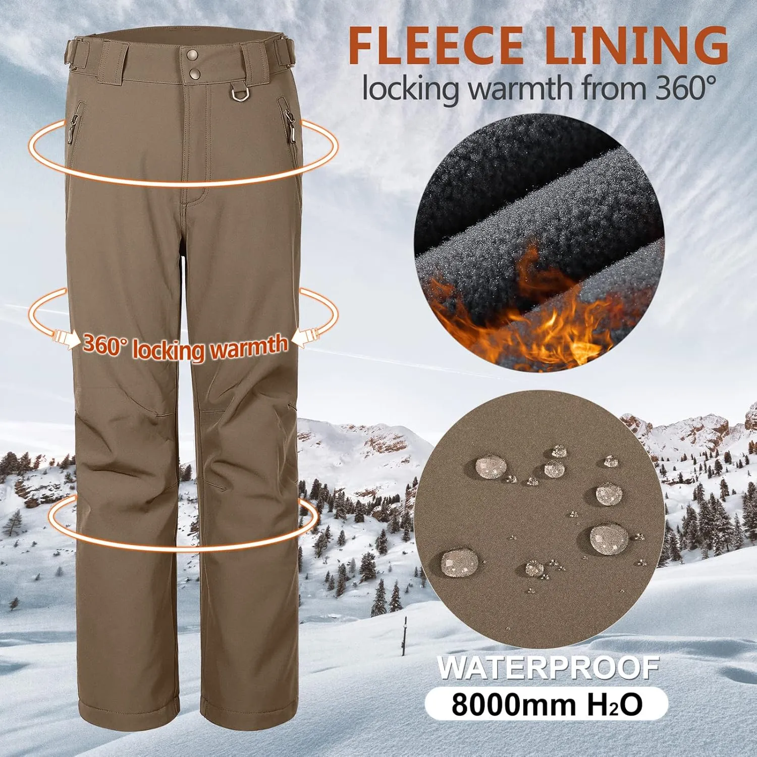 Outdoor Ventures Men's Lite Waterproof Windproof Fleece Lined Warm Hiking Ski Snow Pants Expandable-Waist