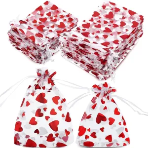 Outus 150 Pieces Heart Organza Bags Jewelry Packaging Gift Pouch Organza Candy Bags with Drawstring for Valentine's Day Wedding Festival Decoration Favors, 3.5 x 4.7 Inches/ 3.94 x 5.9 Inches