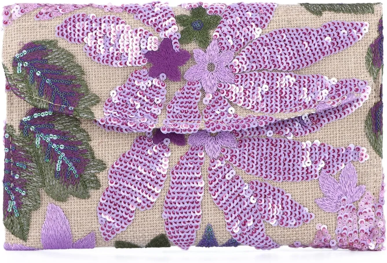 Oweisong Floral Clutch Purses for Women Summer Embroidery Purses Sequin Beaded Evening Bag for Formal
