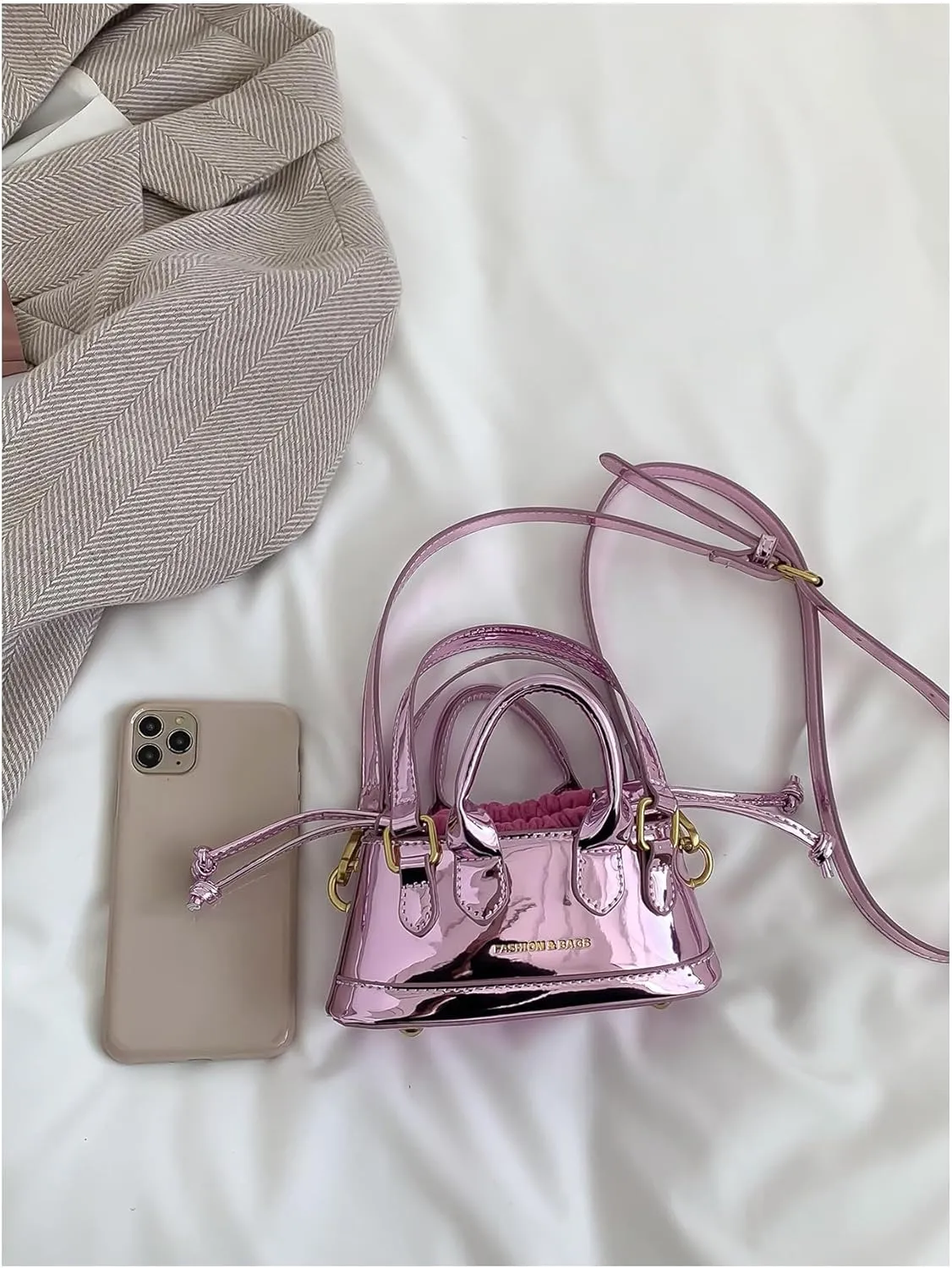 OYOANGLE Women's Metallic Letter Print Drawstring Bucket Bag Double Handle Crossbody Shoulder Handbags