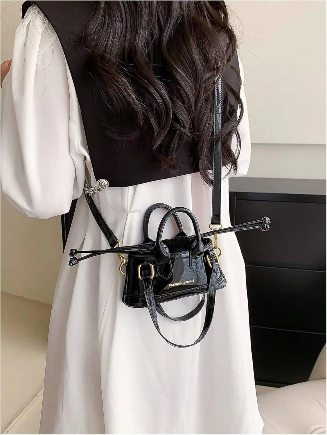 OYOANGLE Women's Metallic Letter Print Drawstring Bucket Bag Double Handle Crossbody Shoulder Handbags