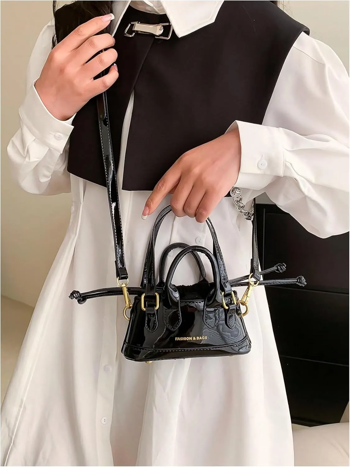 OYOANGLE Women's Metallic Letter Print Drawstring Bucket Bag Double Handle Crossbody Shoulder Handbags