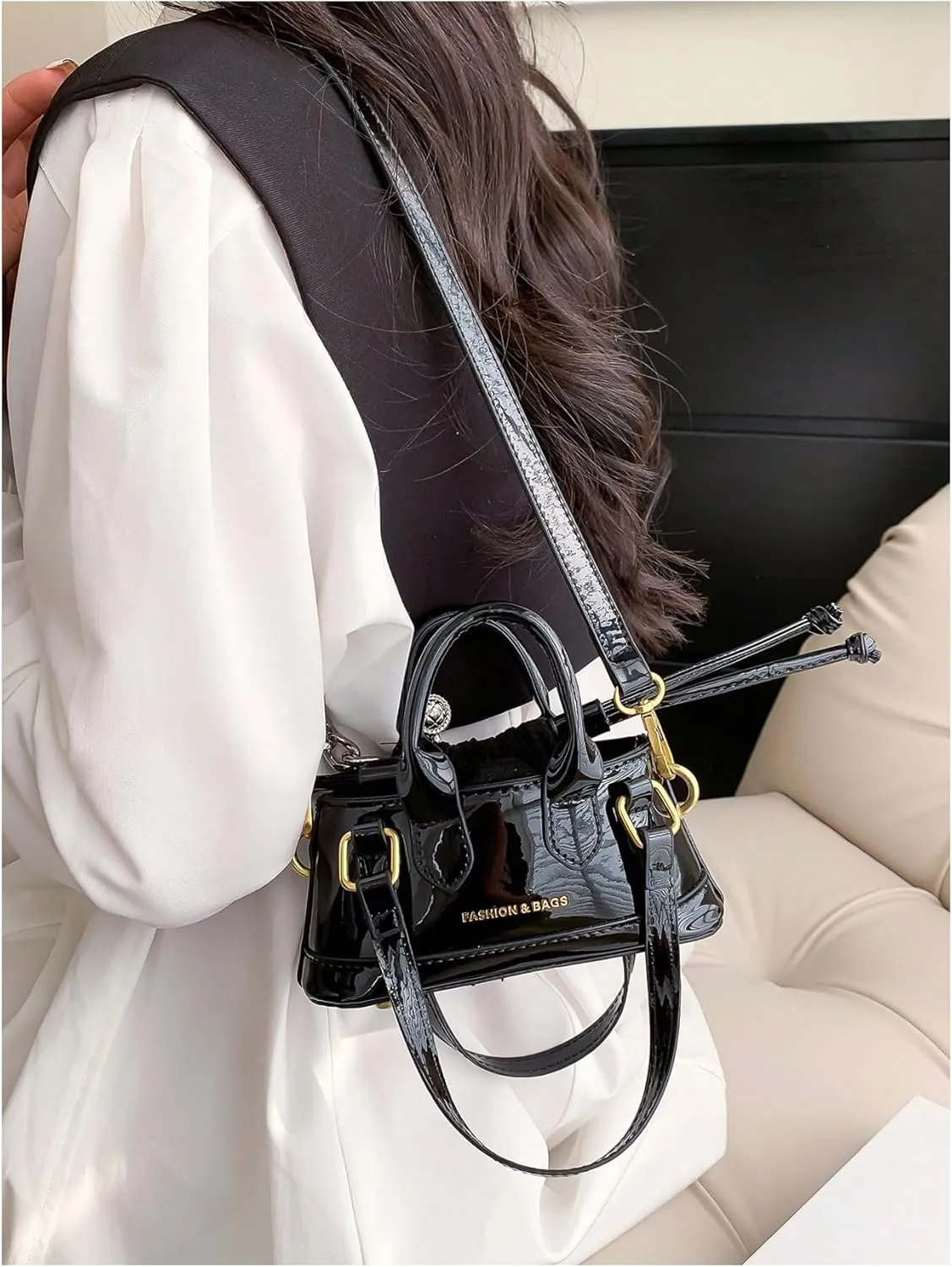 OYOANGLE Women's Metallic Letter Print Drawstring Bucket Bag Double Handle Crossbody Shoulder Handbags
