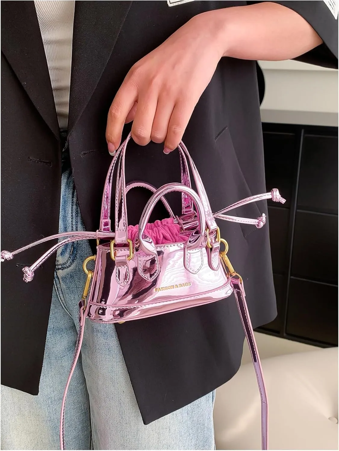 OYOANGLE Women's Metallic Letter Print Drawstring Bucket Bag Double Handle Crossbody Shoulder Handbags