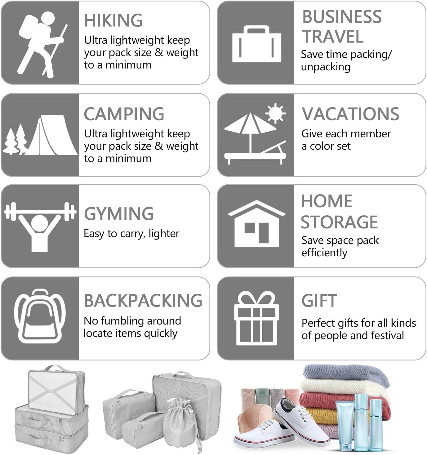 Packing Cubes 8 Sets Travel Luggage Organizers Include Waterproof Shoe Storage Bag Convenient Packing Pouches for Traveller (Grey)