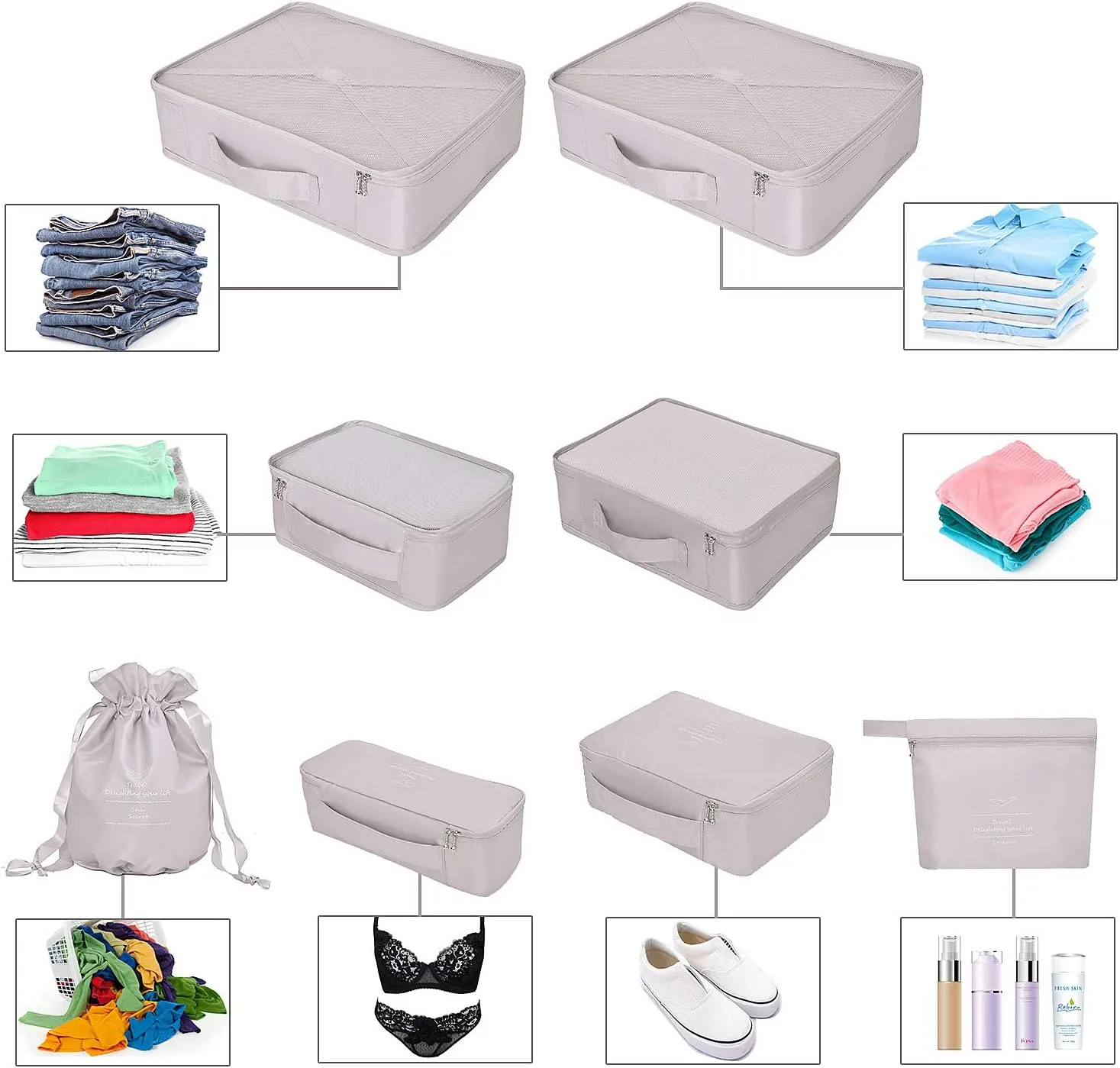 Packing Cubes 8 Sets Travel Luggage Organizers Include Waterproof Shoe Storage Bag Convenient Packing Pouches for Traveller (Grey)