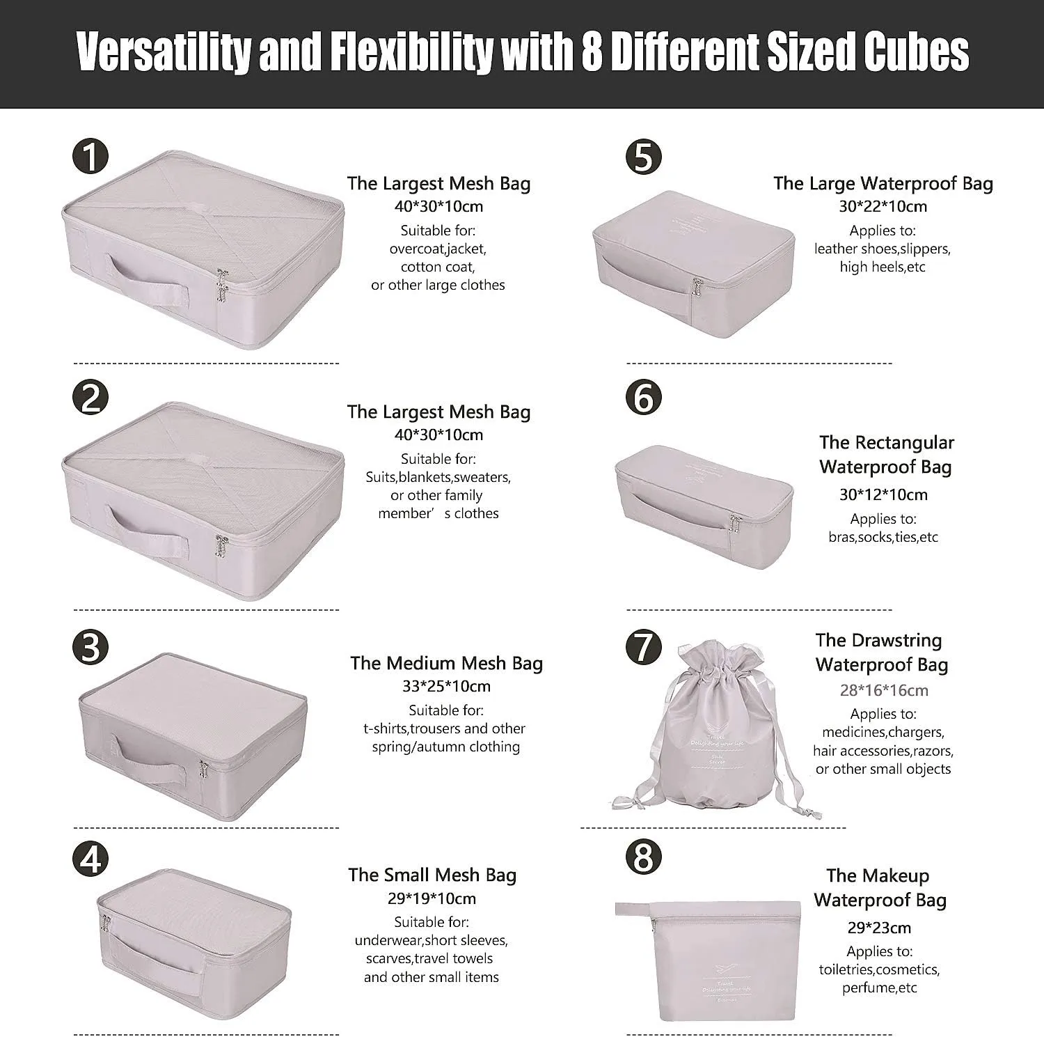 Packing Cubes 8 Sets Travel Luggage Organizers Include Waterproof Shoe Storage Bag Convenient Packing Pouches for Traveller (Grey)