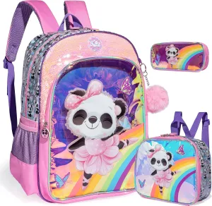 Panda Backpacks for Girls Kids School Cute Bookbag for Kindergarten Elementary Sequin School Backpack for Girls Lightweight School Bag with Lunch Box