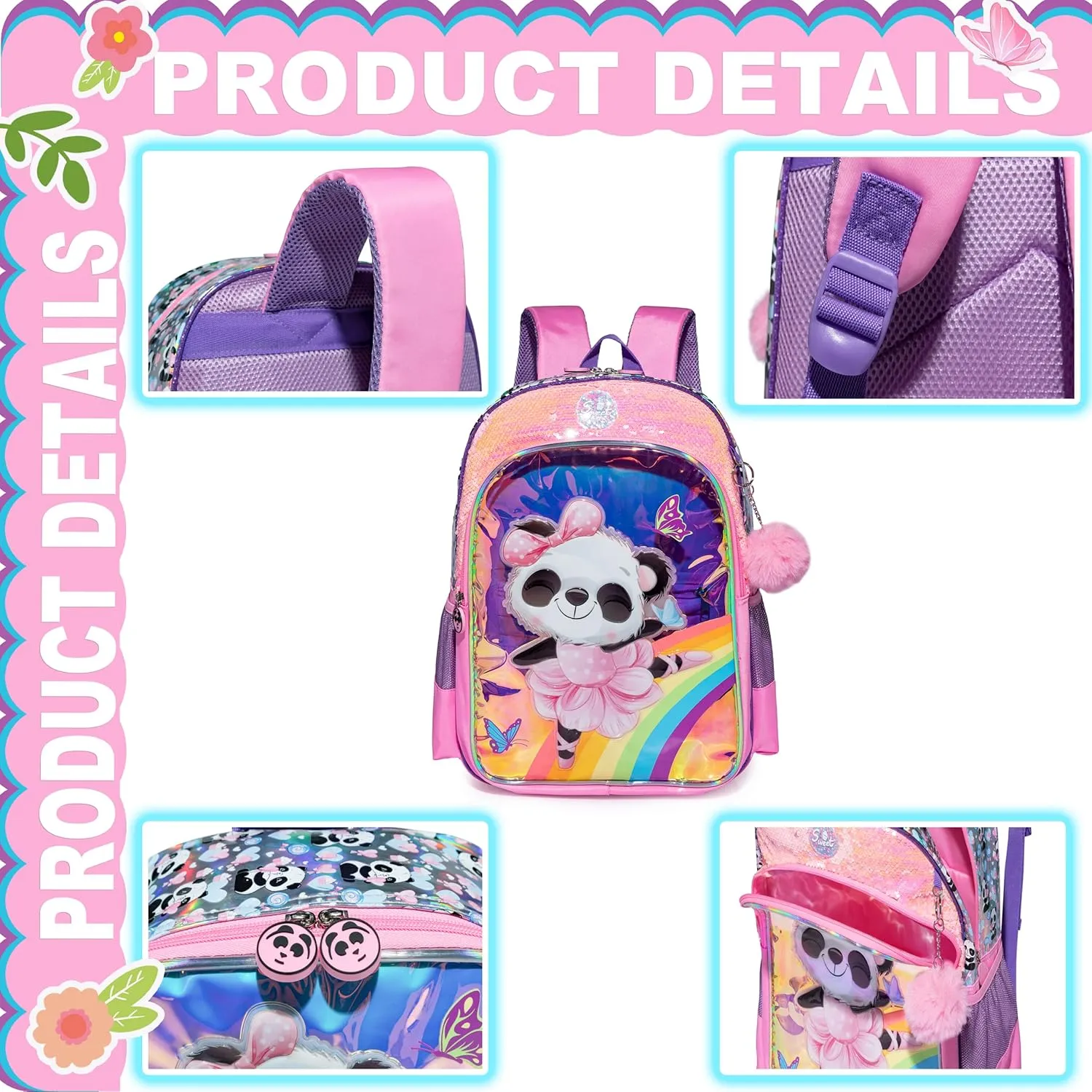 Panda Backpacks for Girls Kids School Cute Bookbag for Kindergarten Elementary Sequin School Backpack for Girls Lightweight School Bag with Lunch Box