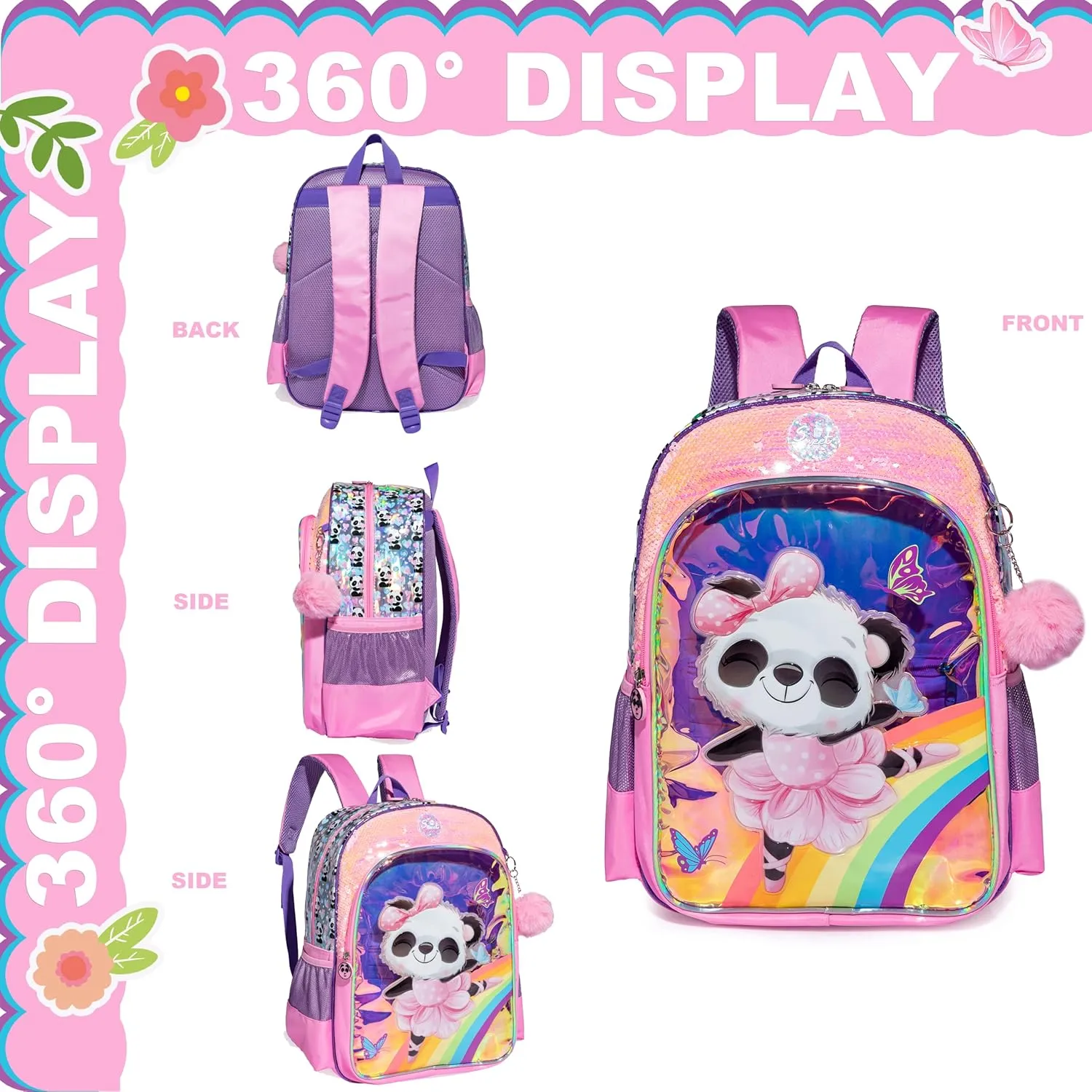 Panda Backpacks for Girls Kids School Cute Bookbag for Kindergarten Elementary Sequin School Backpack for Girls Lightweight School Bag with Lunch Box