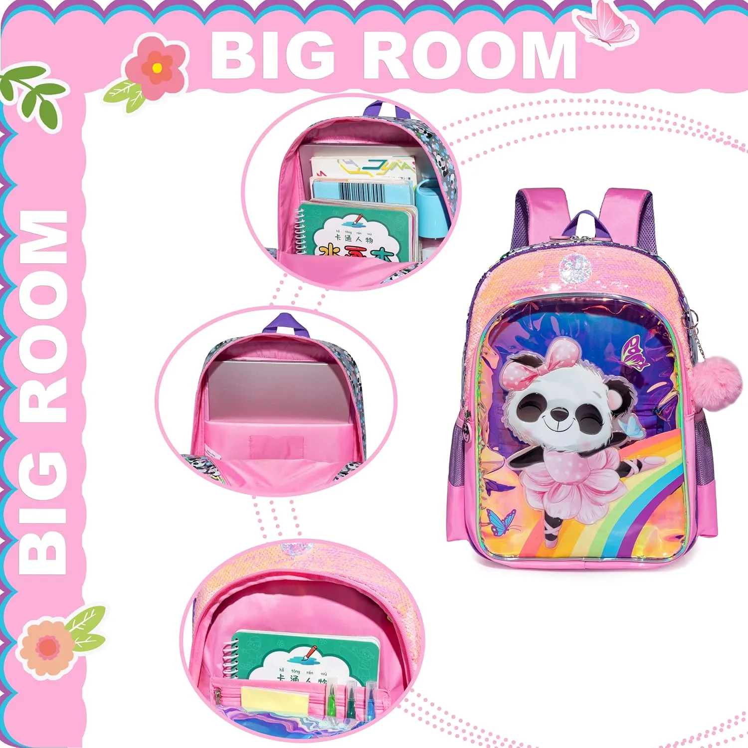 Panda Backpacks for Girls Kids School Cute Bookbag for Kindergarten Elementary Sequin School Backpack for Girls Lightweight School Bag with Lunch Box
