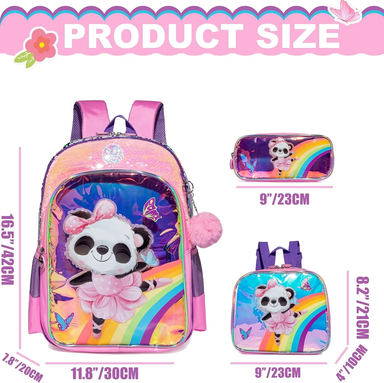 Panda Backpacks for Girls Kids School Cute Bookbag for Kindergarten Elementary Sequin School Backpack for Girls Lightweight School Bag with Lunch Box