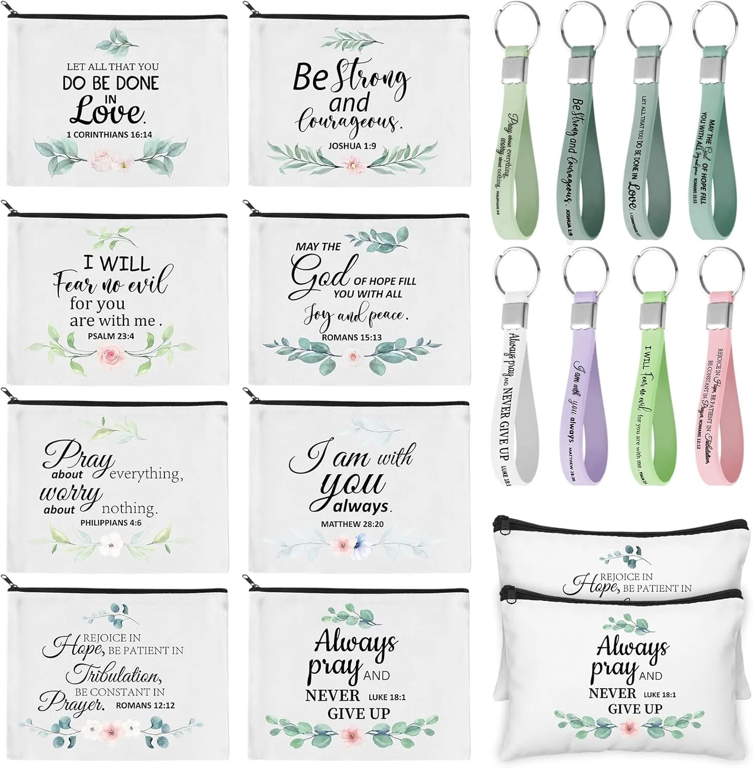 Panelee 48 Pcs Inspirational Gifts Makeup Cosmetic Bag Bulk with Zipper Keychain bibles Employee Appreciation Makeup Bags Motivational Gift for Graduation Women Teacher Coworker Gift(Bible Style)