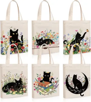 Paterr 6 Pcs Black Cat Canvas Tote Bag for Women Vintage Floral Book Cute Tote Aesthetic Reusable Bag Book Club Gifts Bulk for Shopping Grocery Birthday Gym Travel Vacation
