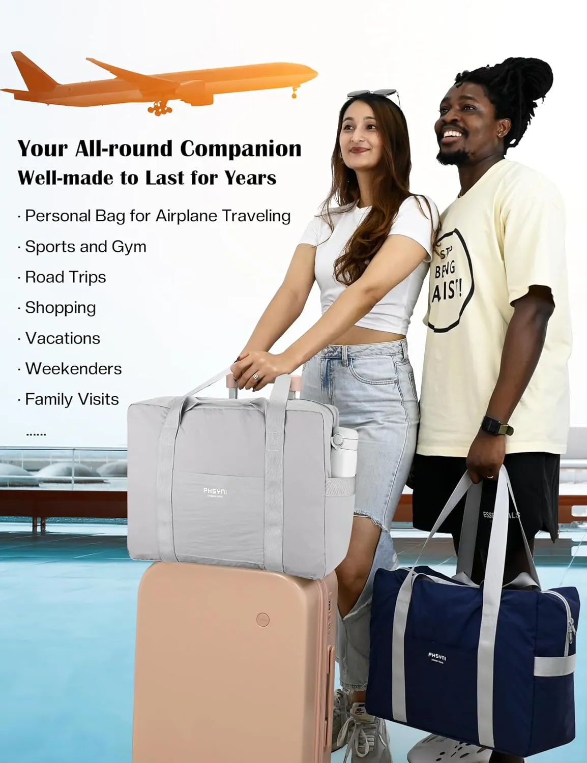 Personal Item Bag for Frontier Spirit Airlines 18x14x8, Under Seat Bags for Airplanes, Foldable Duffle Bag for Travel Fitness Swim Yoga Beach for Men Women, Grey