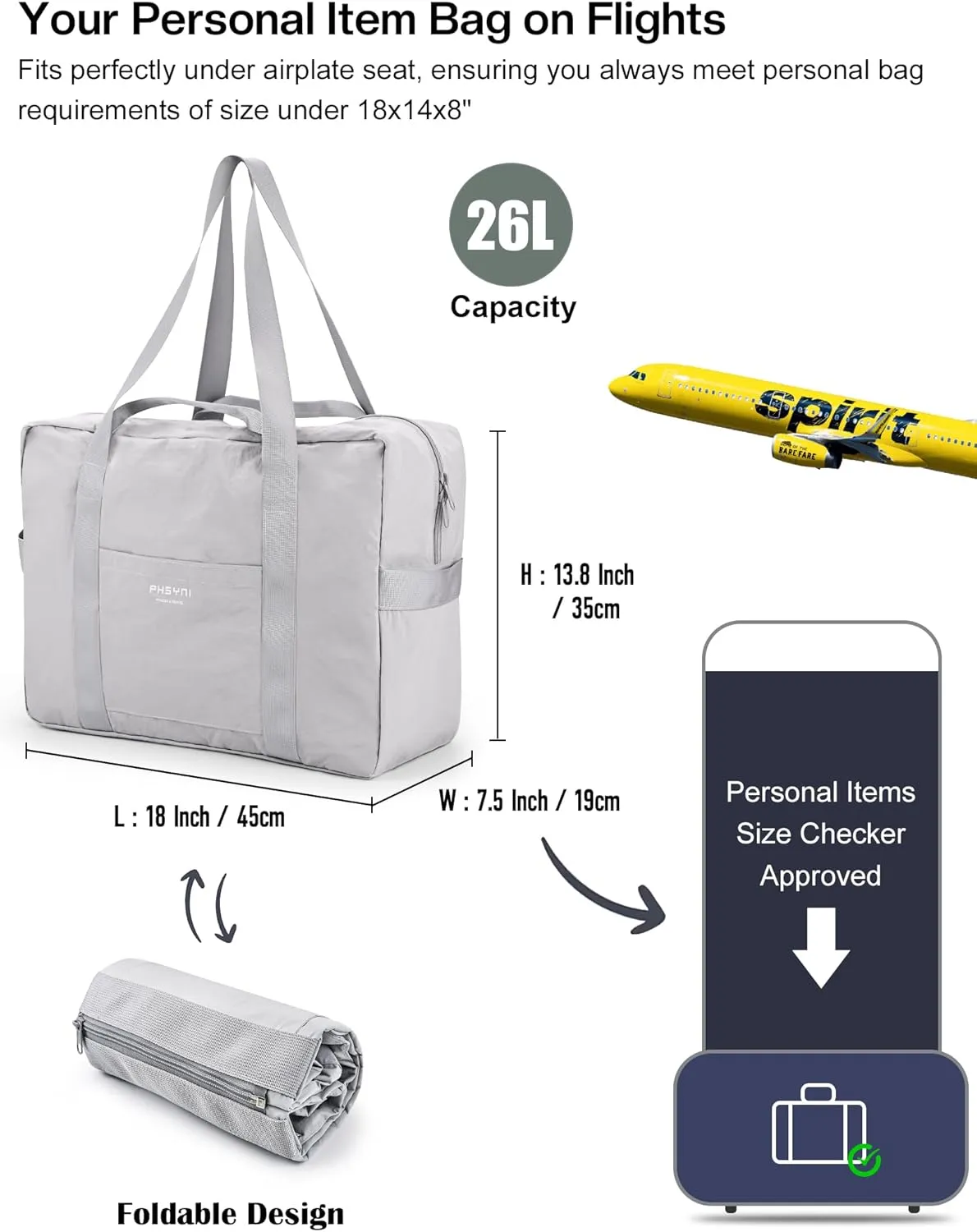 Personal Item Bag for Frontier Spirit Airlines 18x14x8, Under Seat Bags for Airplanes, Foldable Duffle Bag for Travel Fitness Swim Yoga Beach for Men Women, Grey