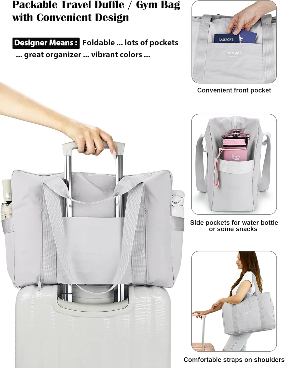 Personal Item Bag for Frontier Spirit Airlines 18x14x8, Under Seat Bags for Airplanes, Foldable Duffle Bag for Travel Fitness Swim Yoga Beach for Men Women, Grey