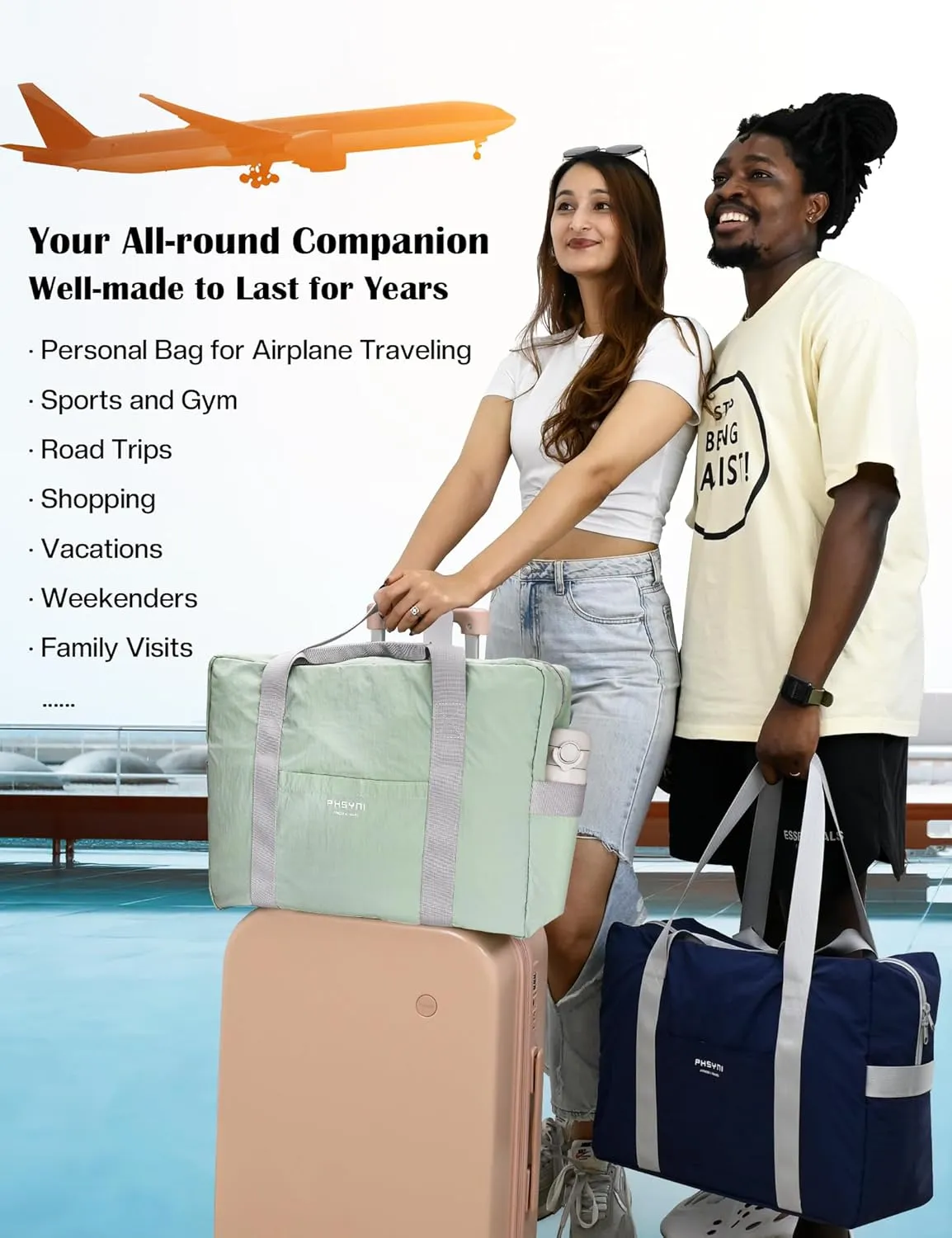 Personal Item Bag for Frontier Spirit Airlines 18x14x8, Under Seat Bags for Airplanes, Portable Foldable Duffle Bag for Travel Fitness Swim Yoga Beach for Women, Mint Green