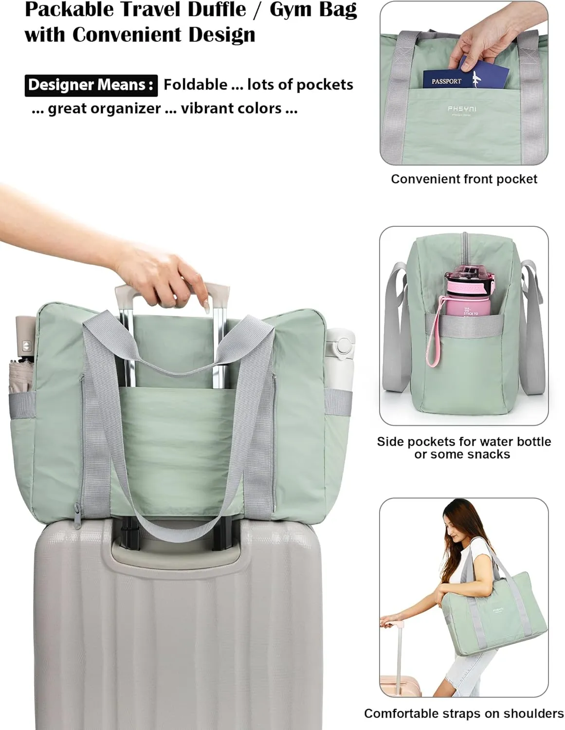 Personal Item Bag for Frontier Spirit Airlines 18x14x8, Under Seat Bags for Airplanes, Portable Foldable Duffle Bag for Travel Fitness Swim Yoga Beach for Women, Mint Green