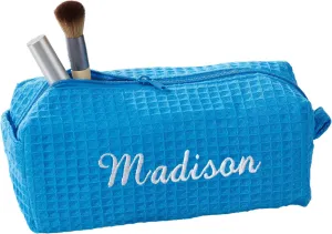 Personalization Universe Personalized Ladies Embroidered Makeup Bag - Waffle Weave, Machine Washable, Custom Name/Initial - Great Bridesmaid & Birthday Gift - Travel/Cosmetic Bag - Aqua Blue